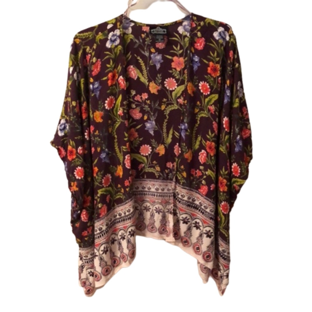 Angie size medium dark purple floral open front short sleeve kimono